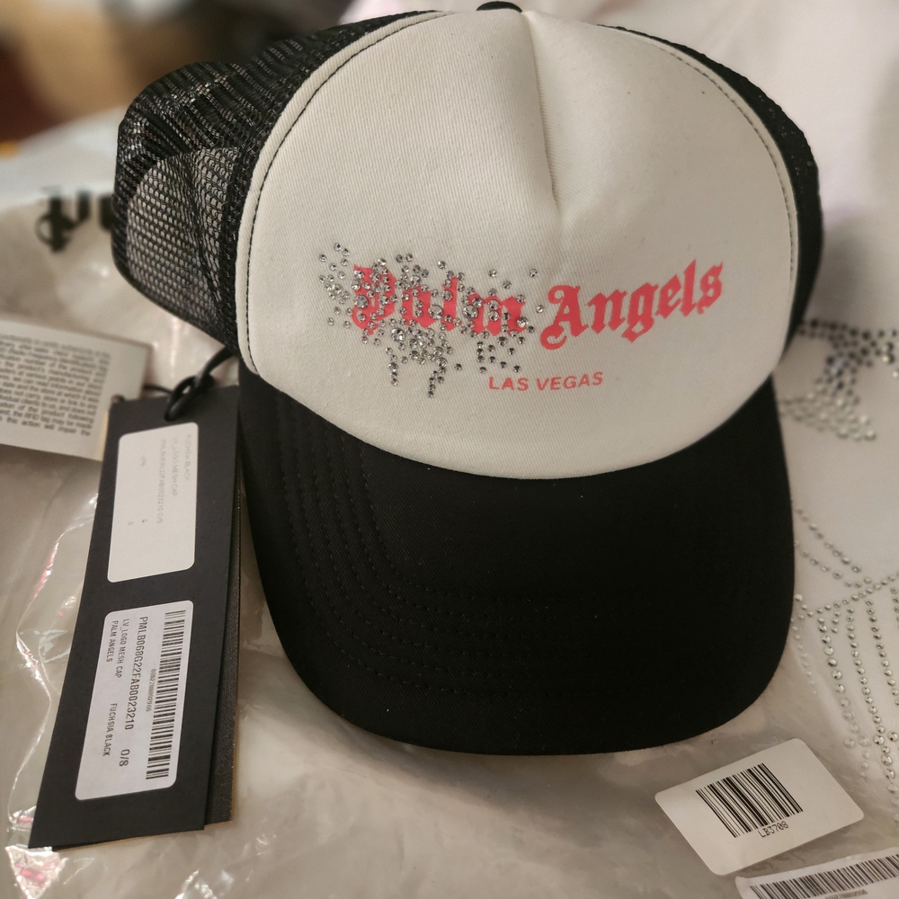 Palm Angels White & Black Trucker Cap with Pink Logo W/ Rhinestones